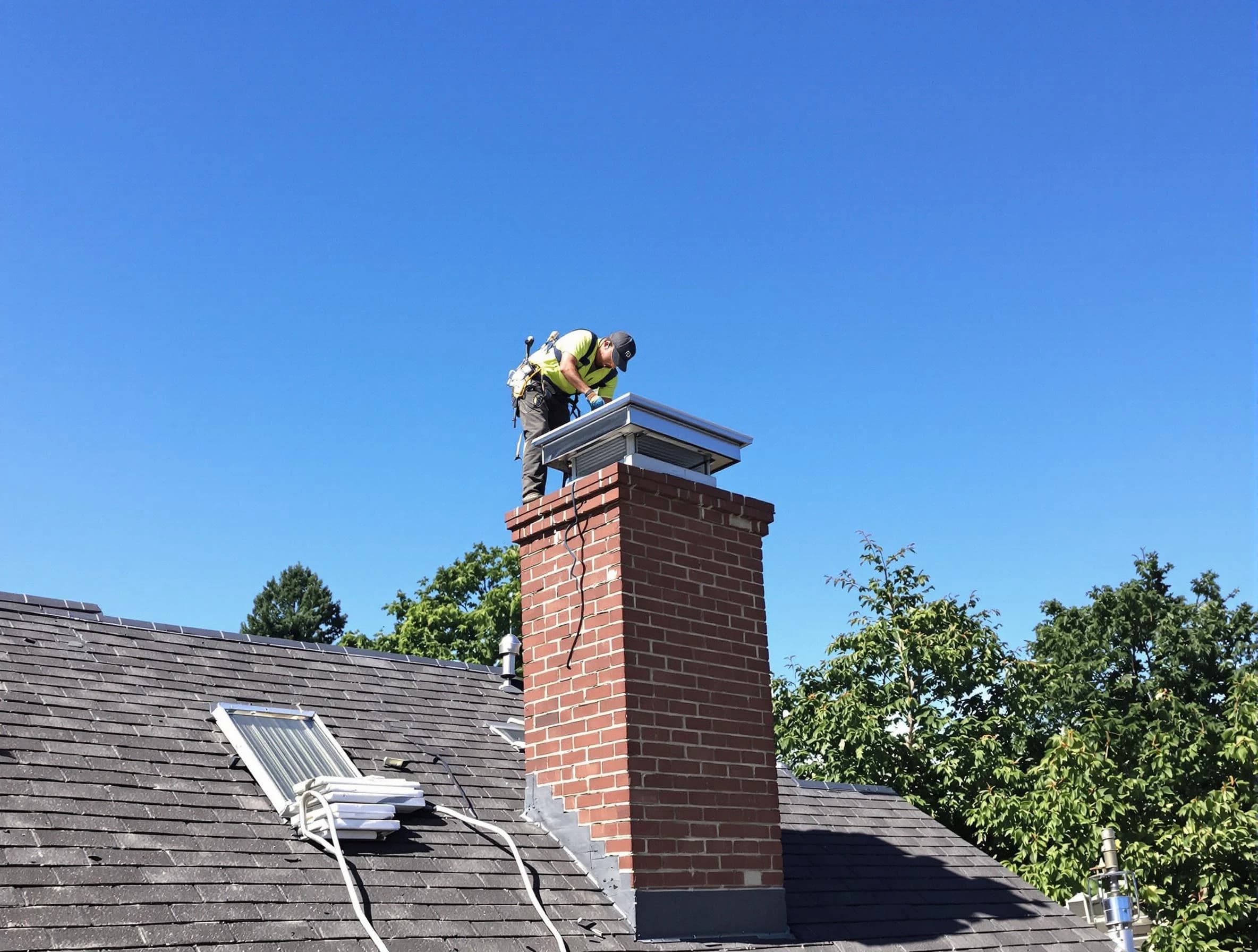 Everett Chimney Sweep technician measuring a chimney cap in Everett, MA