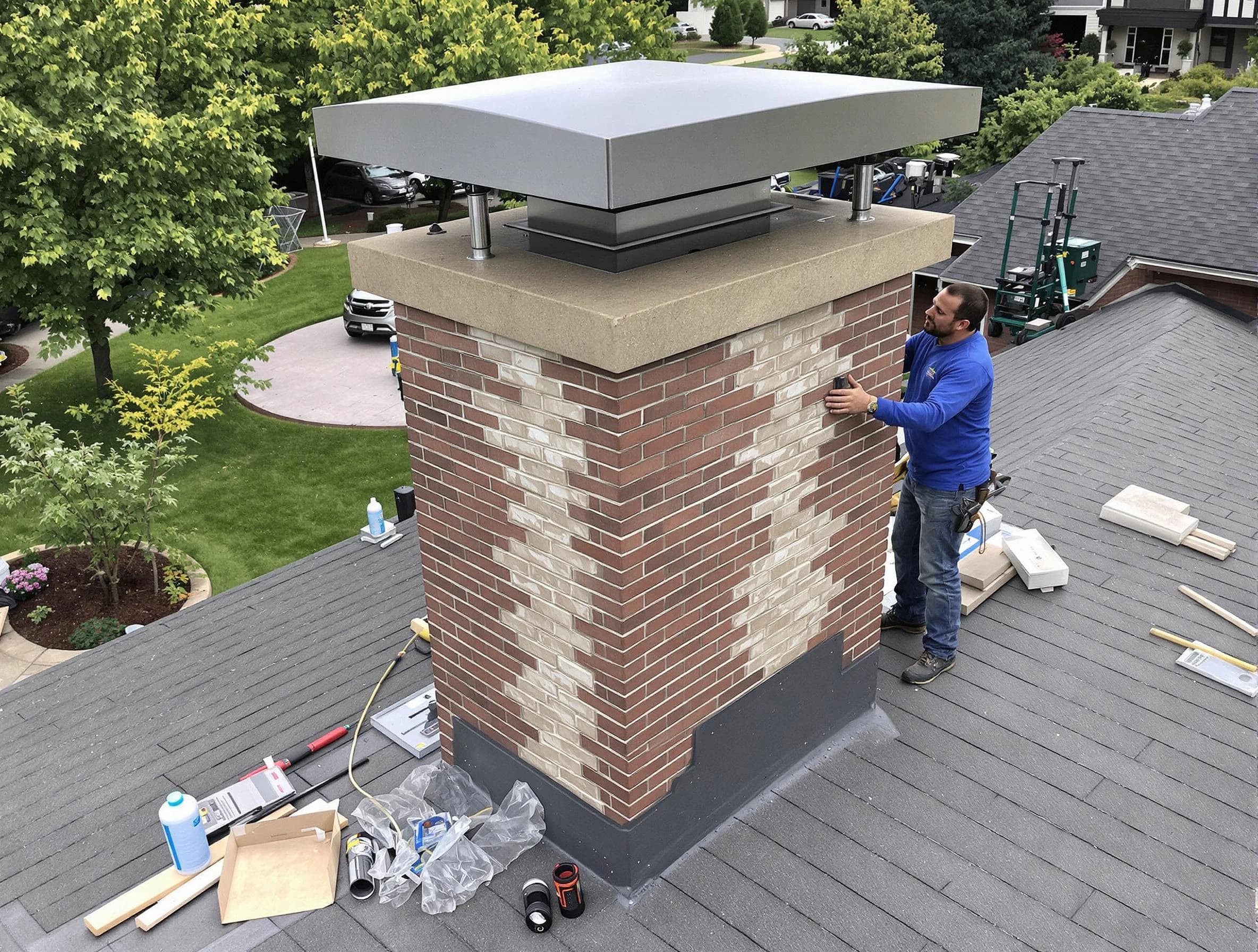 Everett Chimney Sweep team working on a custom chimney remodel in Everett, MA