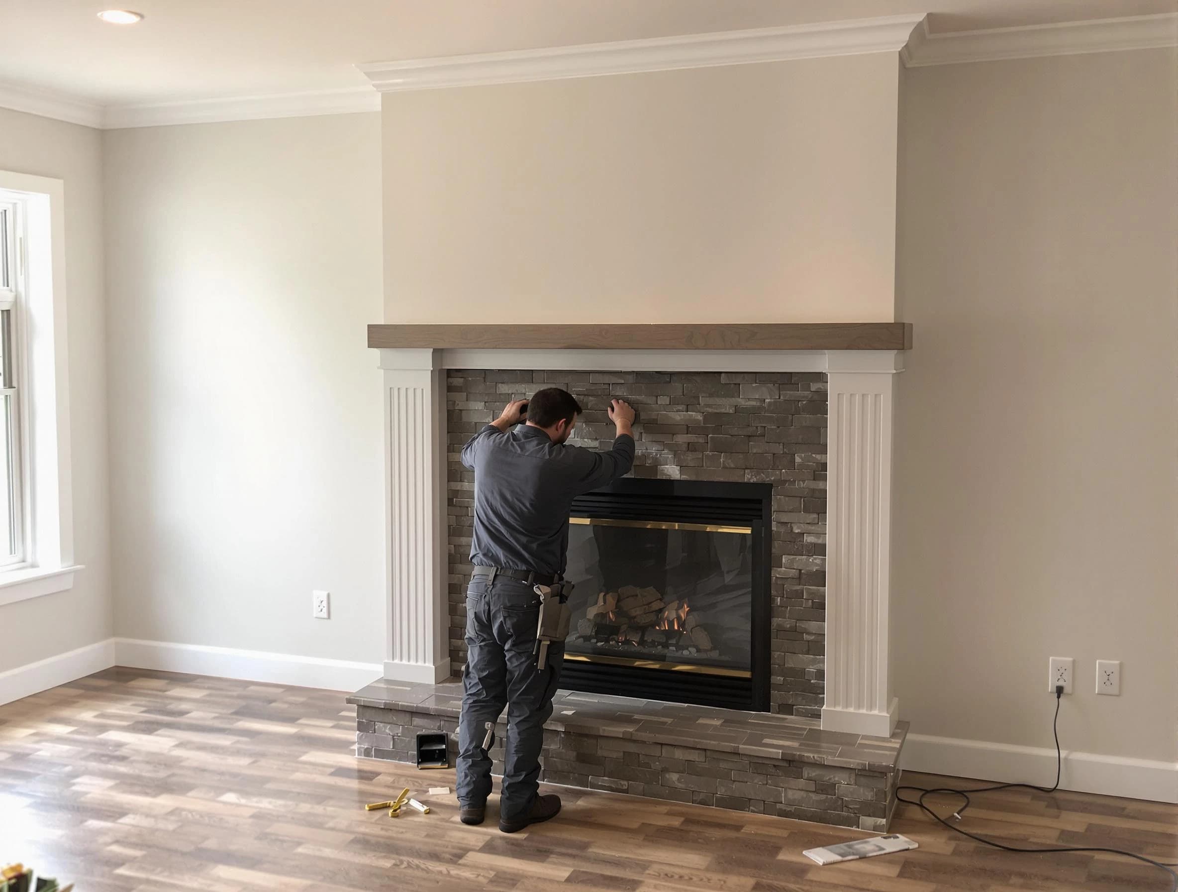 Everett Chimney Sweep finishing a custom fireplace install in Everett, MA