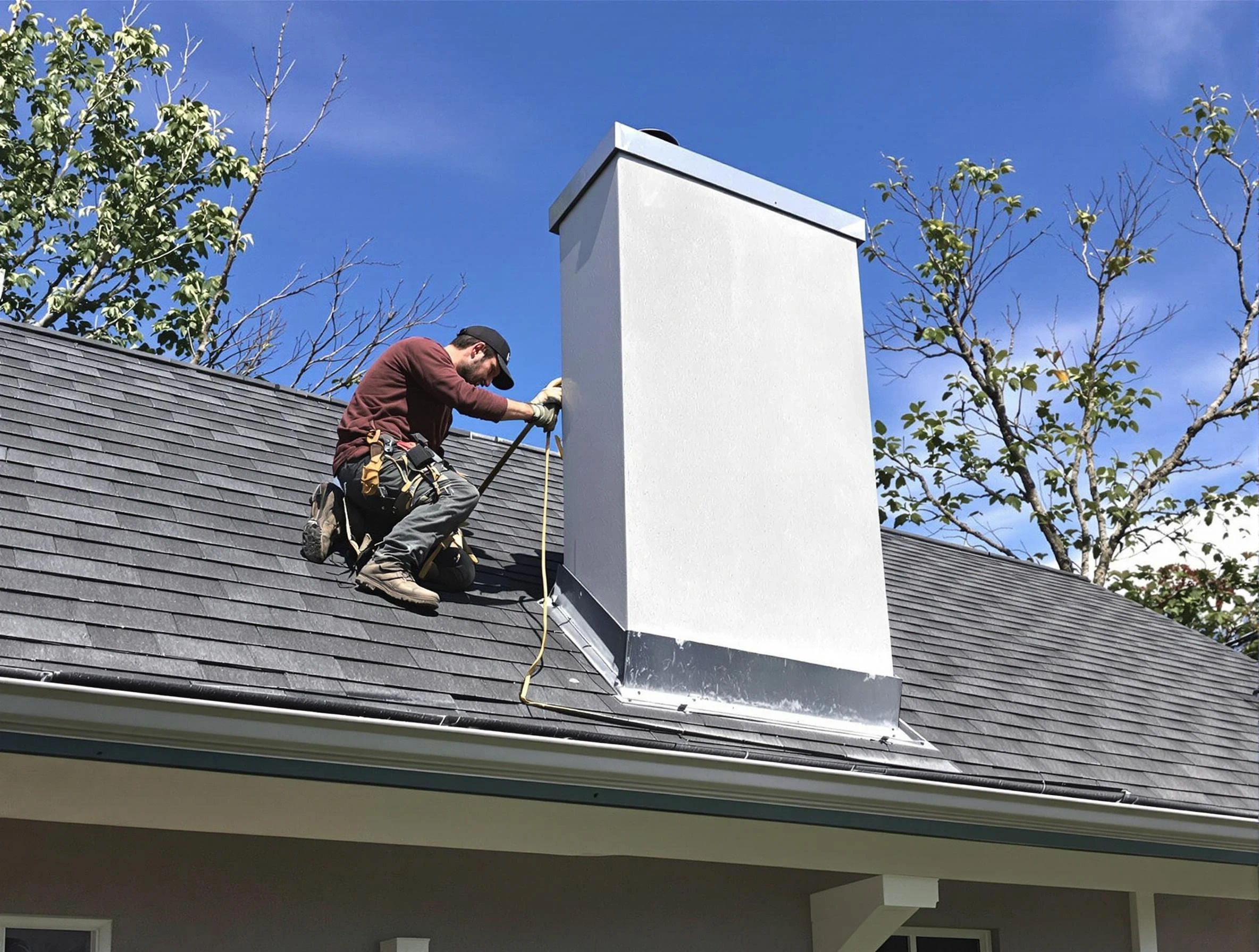 Everett Chimney Sweep team member finishing chimney construction in Everett, MA